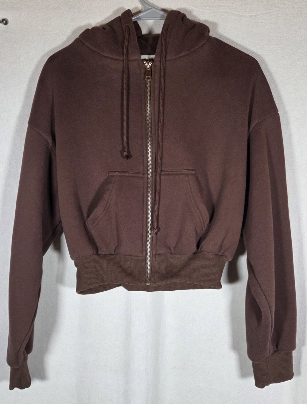 Kimberly C. Chocolate Brown Crop Full Zip Hoodie Boxy Lounge Cozy Women's Sz S